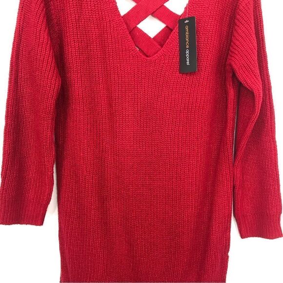 Ambiance Apparel Red Criss Cross Back Tunic Sweater NEW - Picture 3 of 13